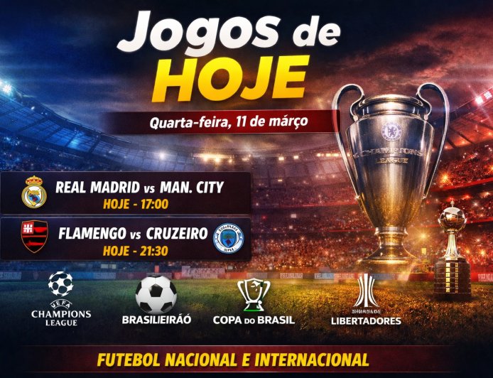 Jogos de hoje (11): Real Madrid x Manchester City e Flamengo x Cruzeiro; veja horários
