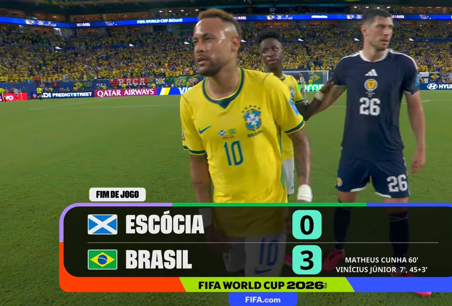 Copa do Mundo 2026: Seleção goleia Escócia, garante liderança e celebra retorno de Neymar