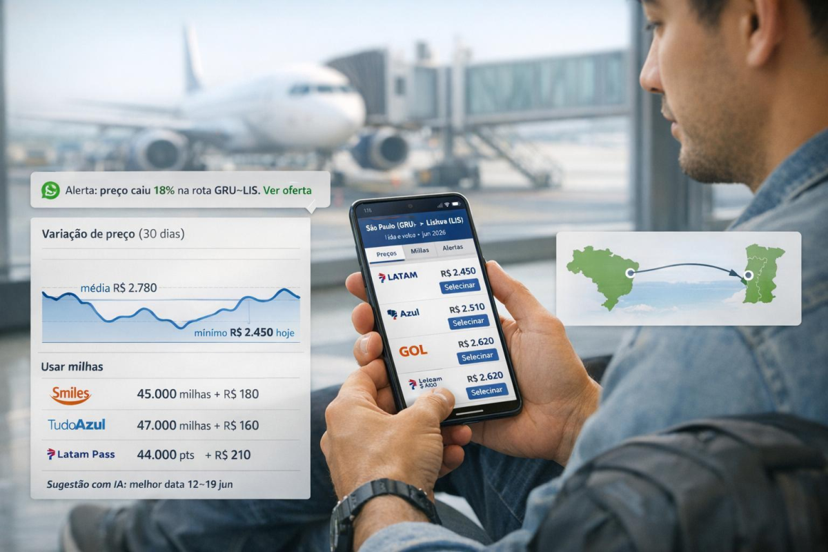 Viajante comparando preços de passagens aéreas em um celular.