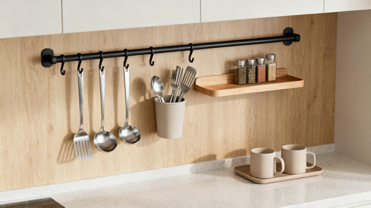 Parede de cozinha compacta com barra de ganchos, utensílios suspensos e pequenas prateleiras.