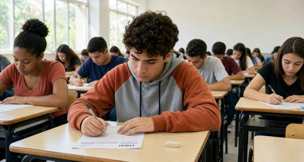 Estudantes revisam conteúdos e resolvem questões como parte da preparação para o Exame Nacional do Ensino Médio.