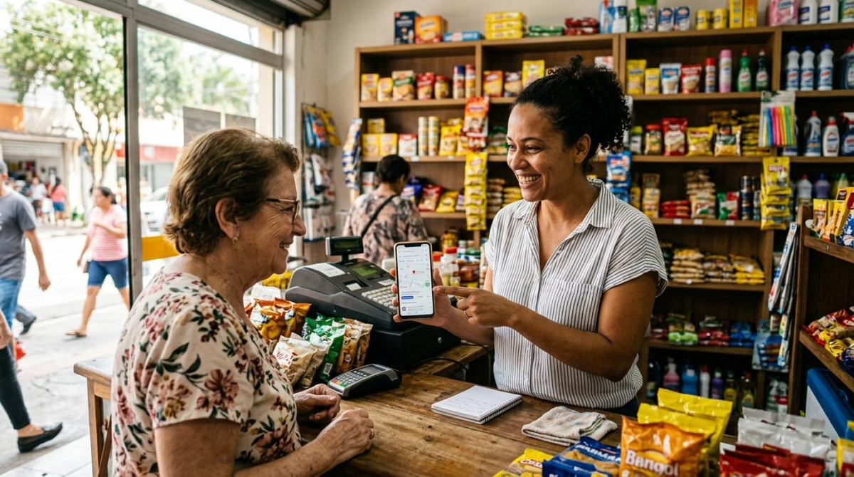 Pequeno empreendedor atende um cliente em seu estabelecimento e administra as atividades da empresa formalizada.