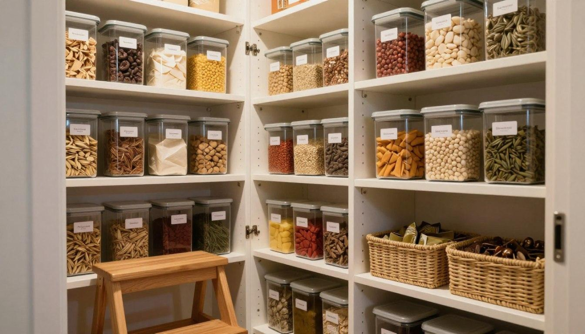 Prateleiras com potes transparentes identificados e cestos que facilitam a organização dos alimentos.