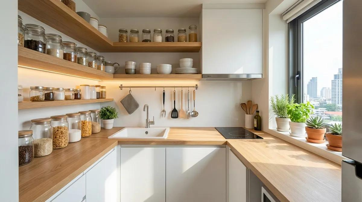 Cozinha compacta de apartamento com armários organizados, prateleiras e bancada livre.