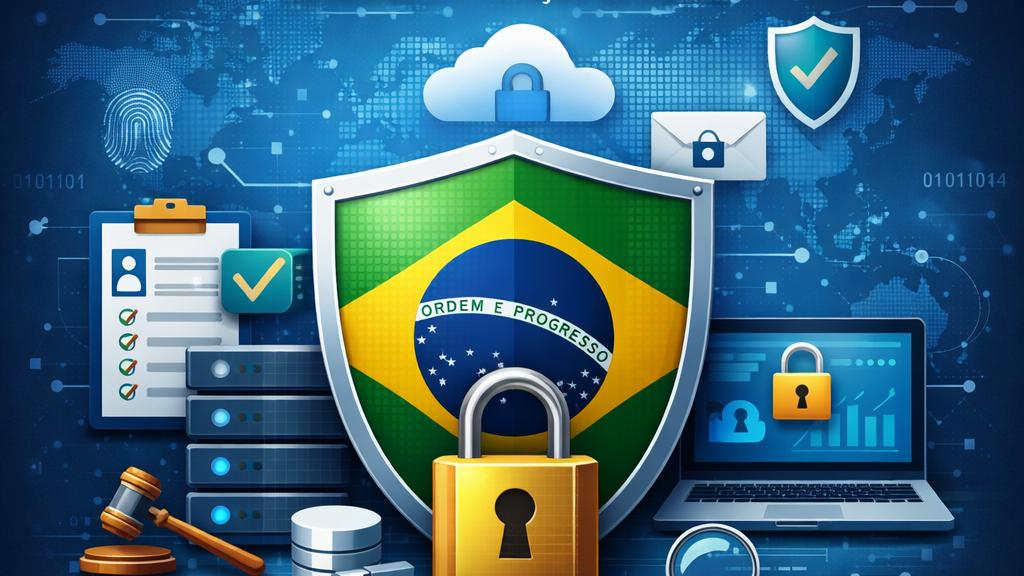 esentação de um cidadão utilizando serviços digitais com elementos visuais de segurança e proteção de informações pessoais.