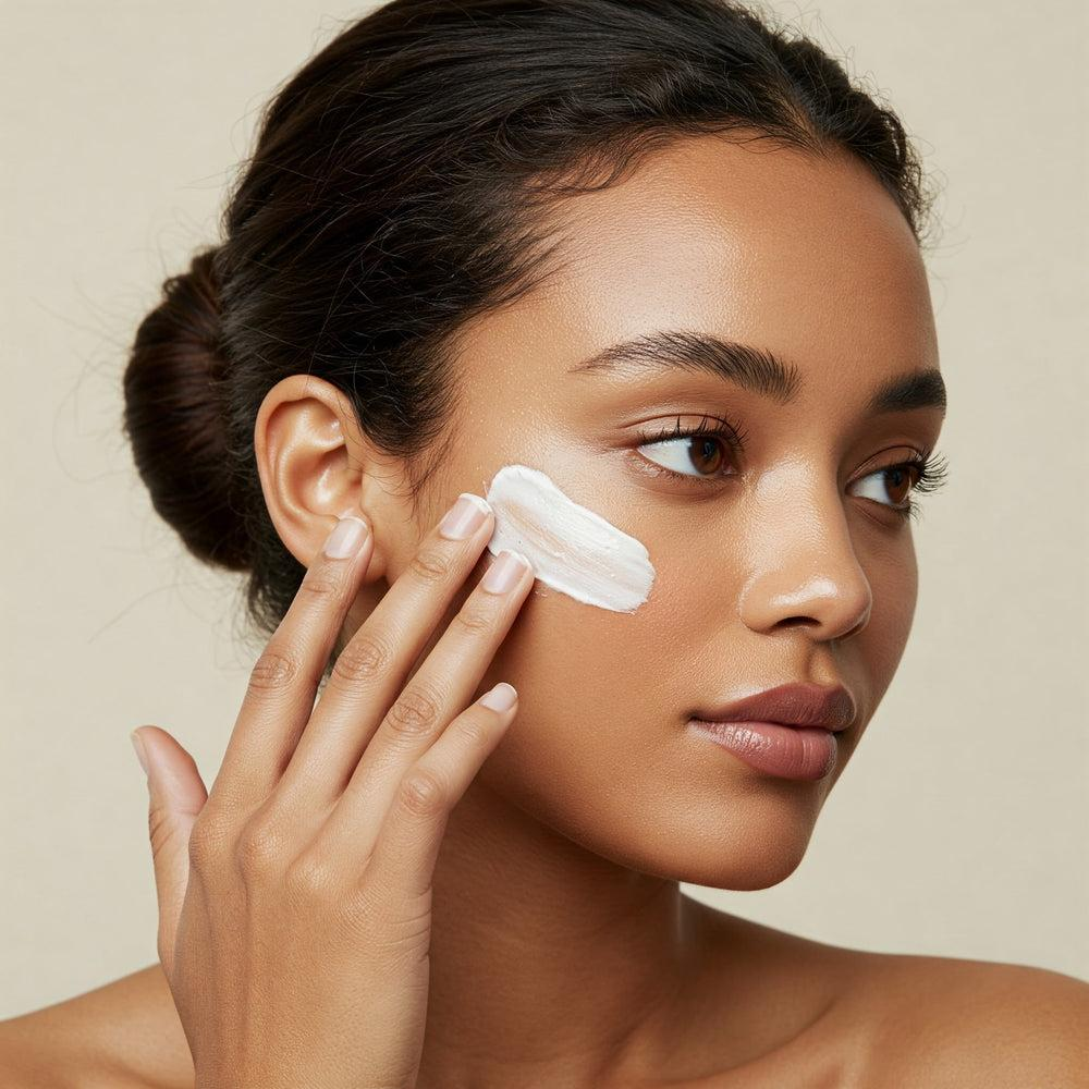 Mulher aplicando protetor solar facial como etapa final da rotina matinal.